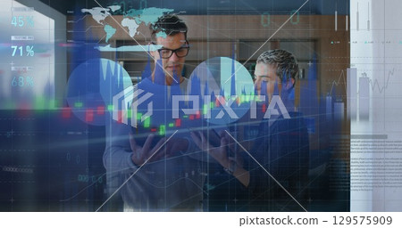 Image of statistics and financial data processing over diverse business people in office 129575909