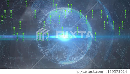 Image of purple lines and confetti over globe rotating in space 129575914