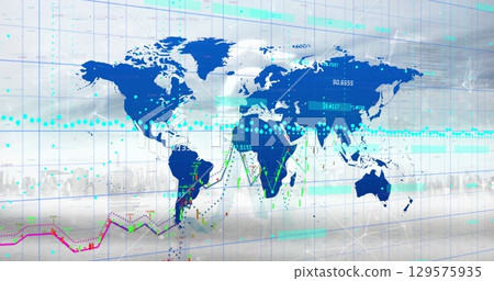 Image of data processing and world map over cityscape 129575935
