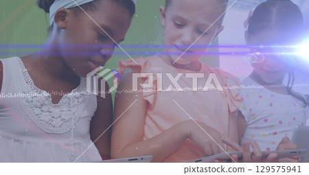 Image of connections and mathematical equations over schoolchildren in classroom Image of connections and mathematical equations over schoolchildren in classroom 129575941
