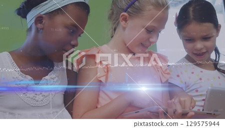 Image of dna strand spinning and connections over girl using tablet 129575944
