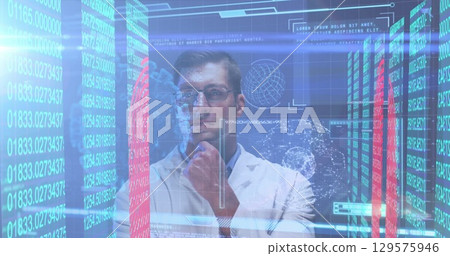 Image of data processing with virus cells over caucasian male doctor Image of data processing with virus cells over caucasian male doctor 129575946