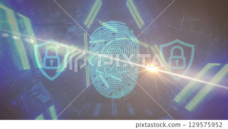 Displaying central fingerprint graphic on virtual interface, with shield icons and data fragments 129575952