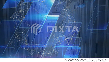 Displaying holographic blue panels streaming through server room aisle between server racks Displaying holographic blue panels streaming through server room aisle between server racks 129575954