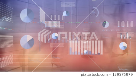Image of financial data processing over diverse people walking on street Image of financial data processing over diverse people walking on street 129575979