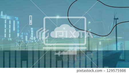 Image of statistical data processing over spinning windmills against night city traffic 129575986