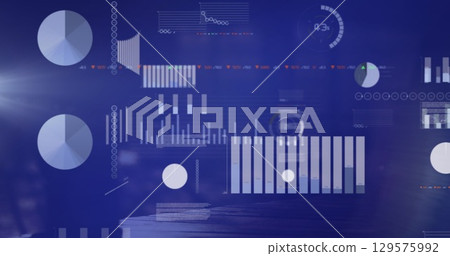 Image of financial data processing over diverse business people walking 129575992