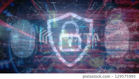 Image of padlock icon with fingerprints over data processing on black background Image of padlock icon with fingerprints over data processing on black background 129575995