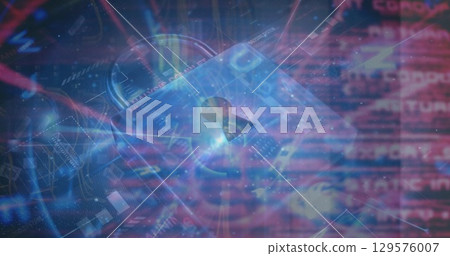 Image of padlock icon over data processing on black background 129576007