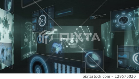Image of data processing and media icons over cityscape 129576020