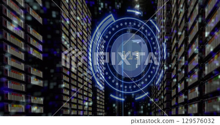 Image of scope scanning with data processing and moving columns over server room Image of scope scanning with data processing and moving columns over server room 129576032