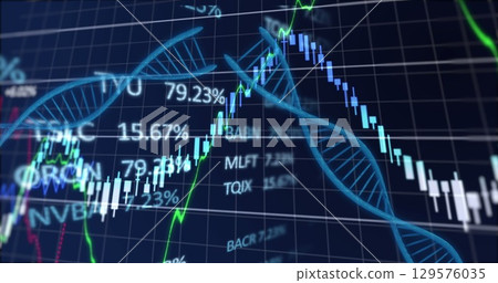 Image of data processing and dna strands on black background 129576035
