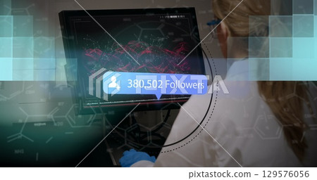 Image of network of connections over caucasian female doctor 129576056