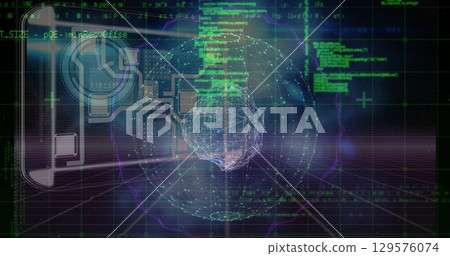 Wireframe sphere rotating in virtual space, with grid plane, floating code text and HUD overlays Wireframe sphere rotating in virtual space, with grid plane, floating code text and HUD overlays 129576074