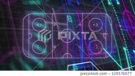 Showing neon air hockey rink glowing over dark grid dashboard, with neon graphs and data labels 129576077