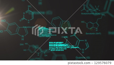 Displaying glowing teal molecular diagrams in digital interface, with floating code blocks 129576079