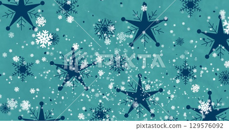 Image of snowflakes falling on green background at christmas Image of snowflakes falling on green background at christmas 129576092