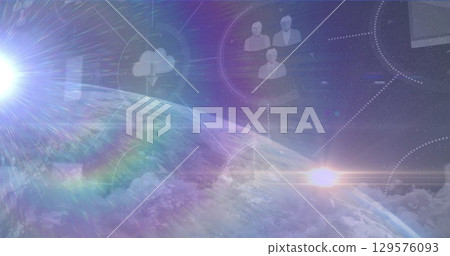 Image of light spot and network of digital icons over globe against blue background 129576093