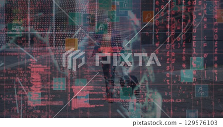 Image of network of connections with social media icons over football players 129576103