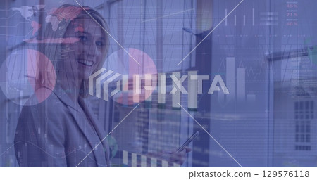 Image of statistical data processing over caucasian businesswoman using smartphone at office Image of statistical data processing over caucasian businesswoman using smartphone at office 129576118