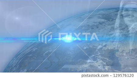Image of blue light spots over globe against caucasian woman Image of blue light spots over globe against caucasian woman 129576120