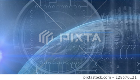Emerging Earth showing circuit overlay in space, emitting blue-white lens flare and starfield 129576121