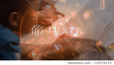 Image of changing numbers and glowing tunnel over diverse kids studying in the class at school 129576129