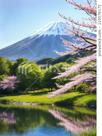 富士山、湖泊、櫻花 129576175