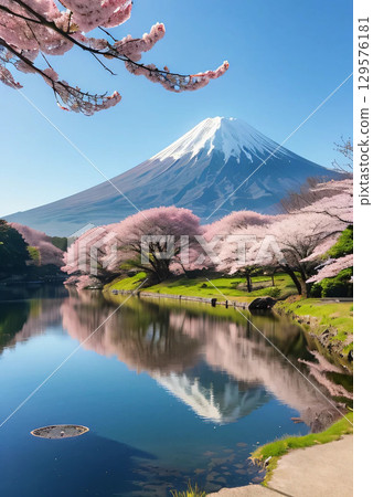 Mount Fuji, lake, cherry blossoms 129576181