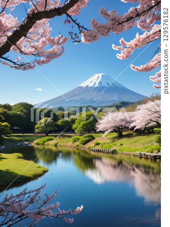Mount Fuji, lake, cherry blossoms 129576182