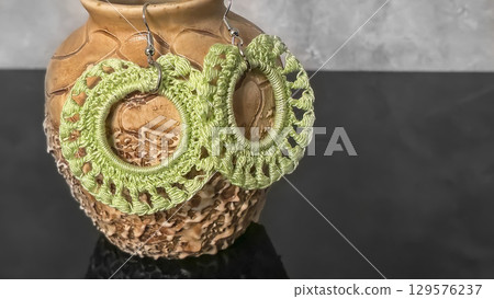 Round green earrings made of thin cotton threads, hand-knitted. Handmade. Round green earrings made of thin cotton threads, hand-knitted. Handmade. 129576237