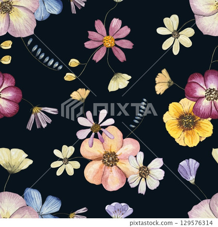 Floral seamless pattern with dried pressed flowers. Watercolor on dark background Floral seamless pattern with dried pressed flowers. Watercolor on dark background 129576314