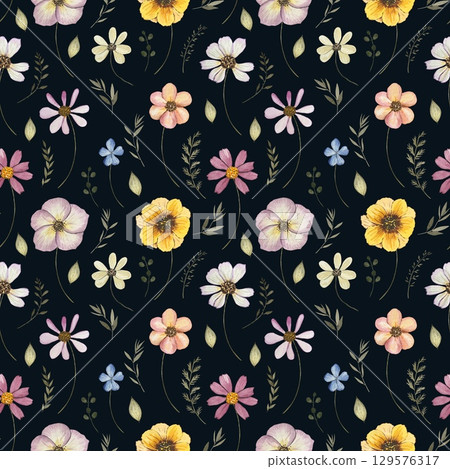 Floral seamless pattern with dried pressed flowers. Watercolor Floral seamless pattern with dried pressed flowers. Watercolor 129576317