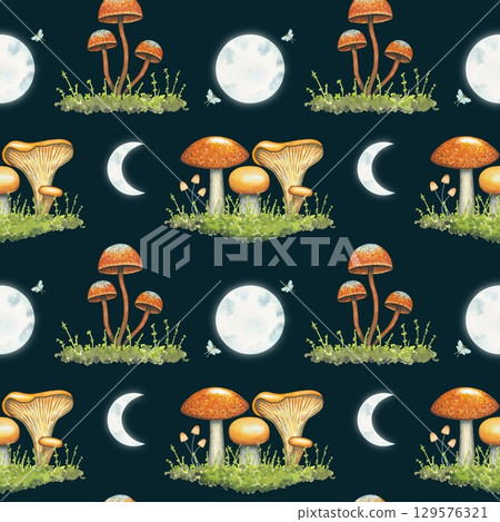 Seamless pattern with mushrooms, butterflies, moon. Watercolor 129576321