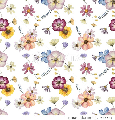 Floral seamless pattern with dried pressed flowers. Watercolor on white background 129576324
