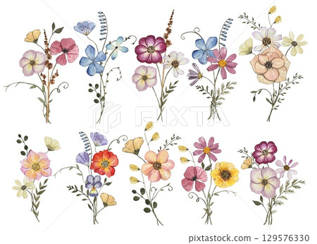 Collection with pressed dry flower bouquets isolated on white background. Watercolor Collection with pressed dry flower bouquets isolated on white background. Watercolor 129576330