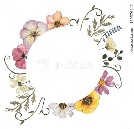 Round frame with watercolor pressed dried flowers. Isolated on white background Round frame with watercolor pressed dried flowers. Isolated on white background 129576443