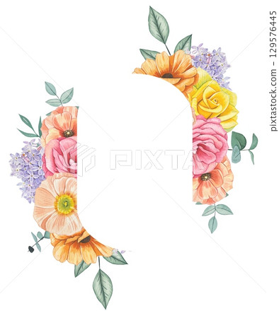 Frame with spring flowers, lilac, poppies, roses. Watercolor illustration Frame with spring flowers, lilac, poppies, roses. Watercolor illustration 129576445