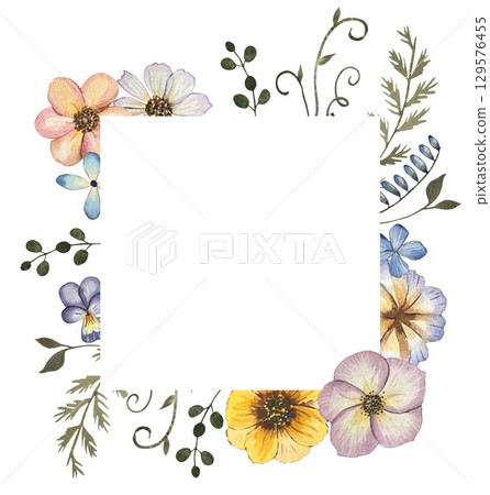 Frame with watercolor pressed dried flowers. Isolated on white background 129576455