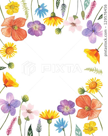 Frame with meadow flowers. Watercolor illustration 129576456