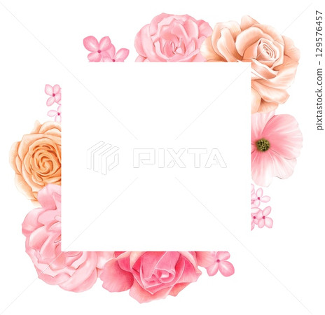 Frame with delicate pink and beige roses. Watercolor on white background 129576457