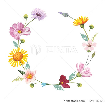 Wreath with meadow flowers. Watercolor illustration Wreath with meadow flowers. Watercolor illustration 129576470