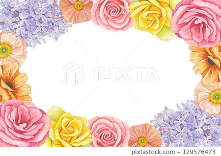 Border with spring flowers, lilac, poppies, roses. Watercolor illustration Border with spring flowers, lilac, poppies, roses. Watercolor illustration 129576473