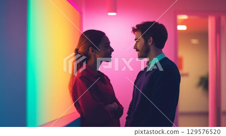 A stunning encounter in vibrant hues. Two people share an intimate moment in a colorful setting. The atmosphere is electric and full of connection. Generative AI 129576520