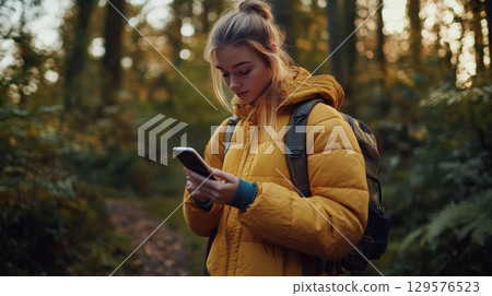 A young woman in a bright yellow jacket stands in a lush forest. She holds her smartphone while absorbed in a message. Nature and technology blend seamlessly. Generative AI A young woman in a bright yellow jacket stands in a lush forest. She holds her smartphone while absorbed in a message. Nature and technology blend seamlessly. Generative AI 129576523