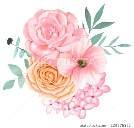 Delicate bouquet with pink and beige roses, green leaves. Watercolor on a white background Delicate bouquet with pink and beige roses, green leaves. Watercolor on a white background 129576531