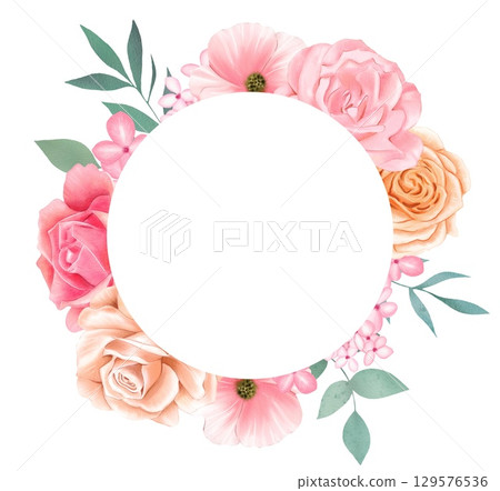 Round frame with delicate pink and beige roses. Watercolor on white background 129576536