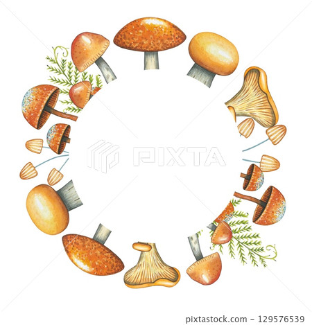 Round frame with mushrooms. Watercolor on white background 129576539