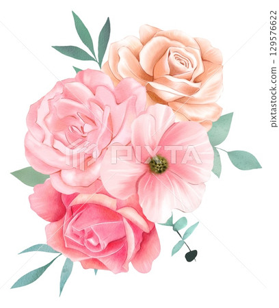 Delicate bouquet with pink and beige roses, green leaves. Watercolor on a white background Delicate bouquet with pink and beige roses, green leaves. Watercolor on a white background 129576622