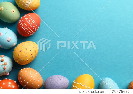 Decorated Easter eggs and space for text on color background, top view 129576652